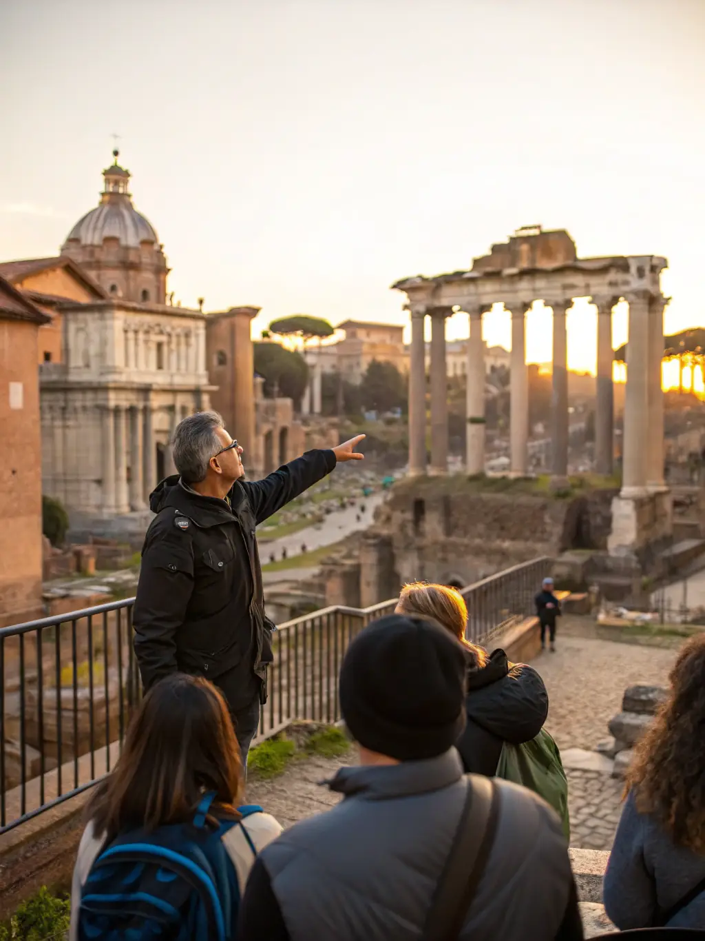A photograph of a guided tour group listening attentively to a guide explaining the history of the Gallo-Roman sanctuary, with ancient ruins in the background.
