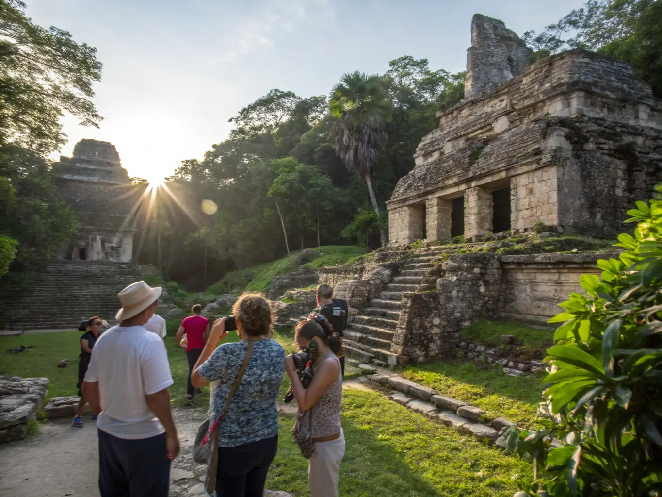 A group of visitors exploring the ancient ruins with a knowledgeable guide, surrounded by lush greenery and historic stonework, representing the Heritage Tours program.