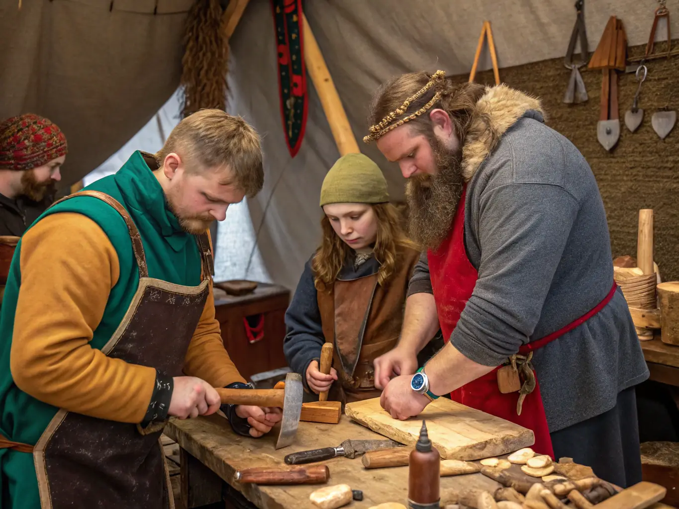 A photograph capturing participants actively involved in a historical workshop, learning traditional crafts or archaeological techniques within the priory's setting.