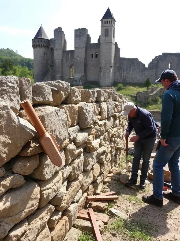 A photo of volunteers working on the restoration of a section of the priory's stone walls, showcasing the community's involvement in preserving the site.